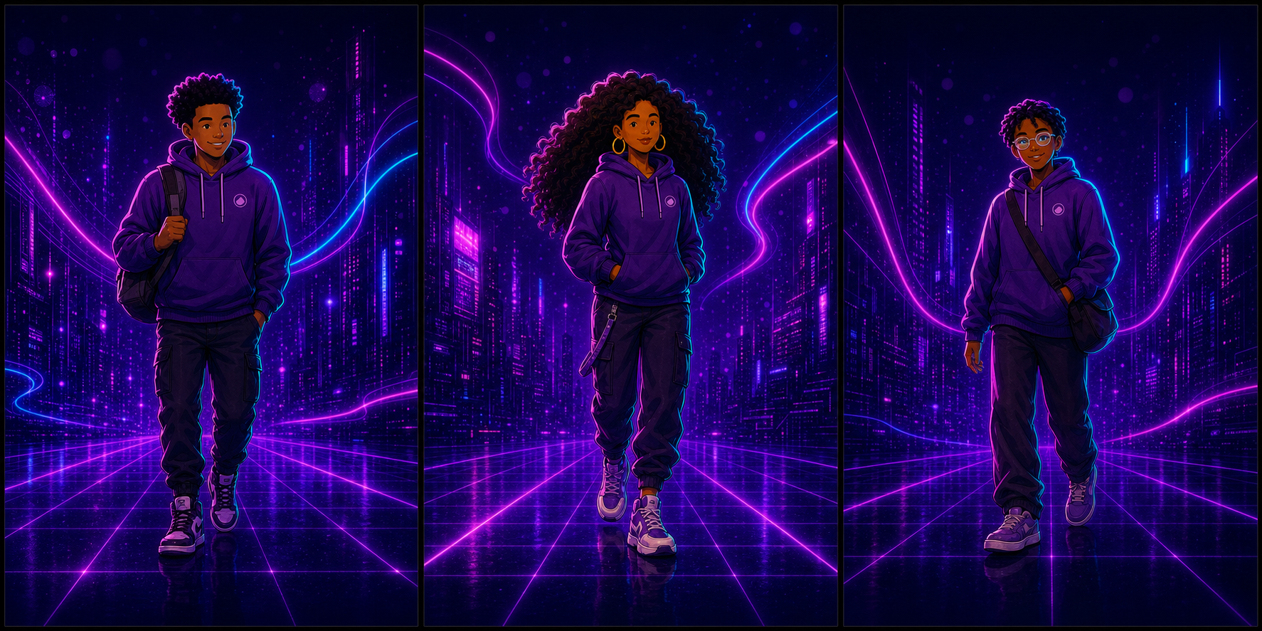 REACH students walking through a neon campus universe